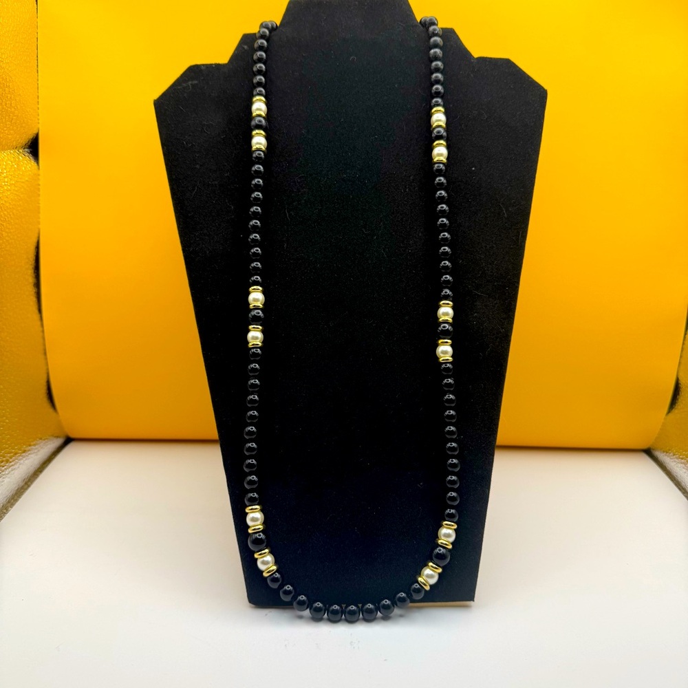 Napier Black Bead Simulated Pearl Gold Tone Necklace 30in